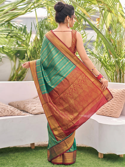 Sutriti Teal Green Kanjivaram Silk Saree for Women Festive Traditional Wedding Party Wear