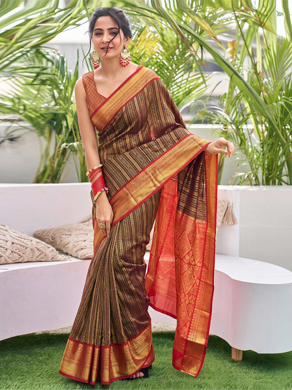 Sutriti Brown Kanjivaram Silk Saree for Women Traditional Festive Party Wedding Ethnic Saree