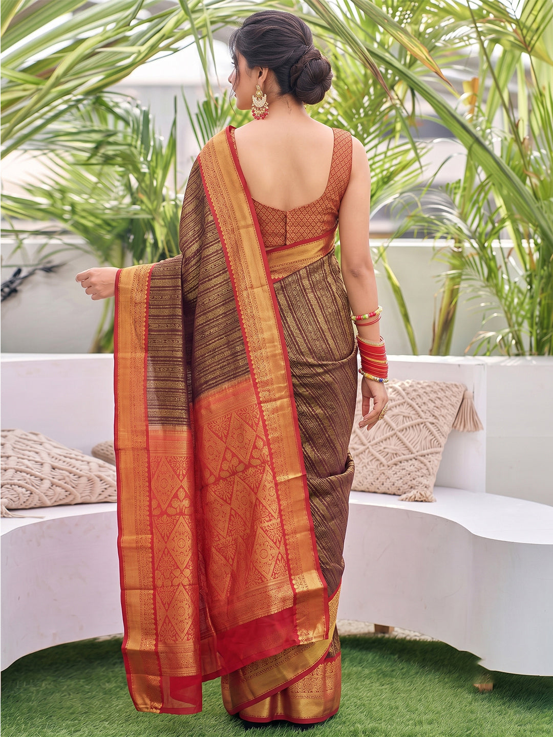 Sutriti Brown Kanjivaram Silk Saree for Women Traditional Festive Party Wedding Ethnic Saree