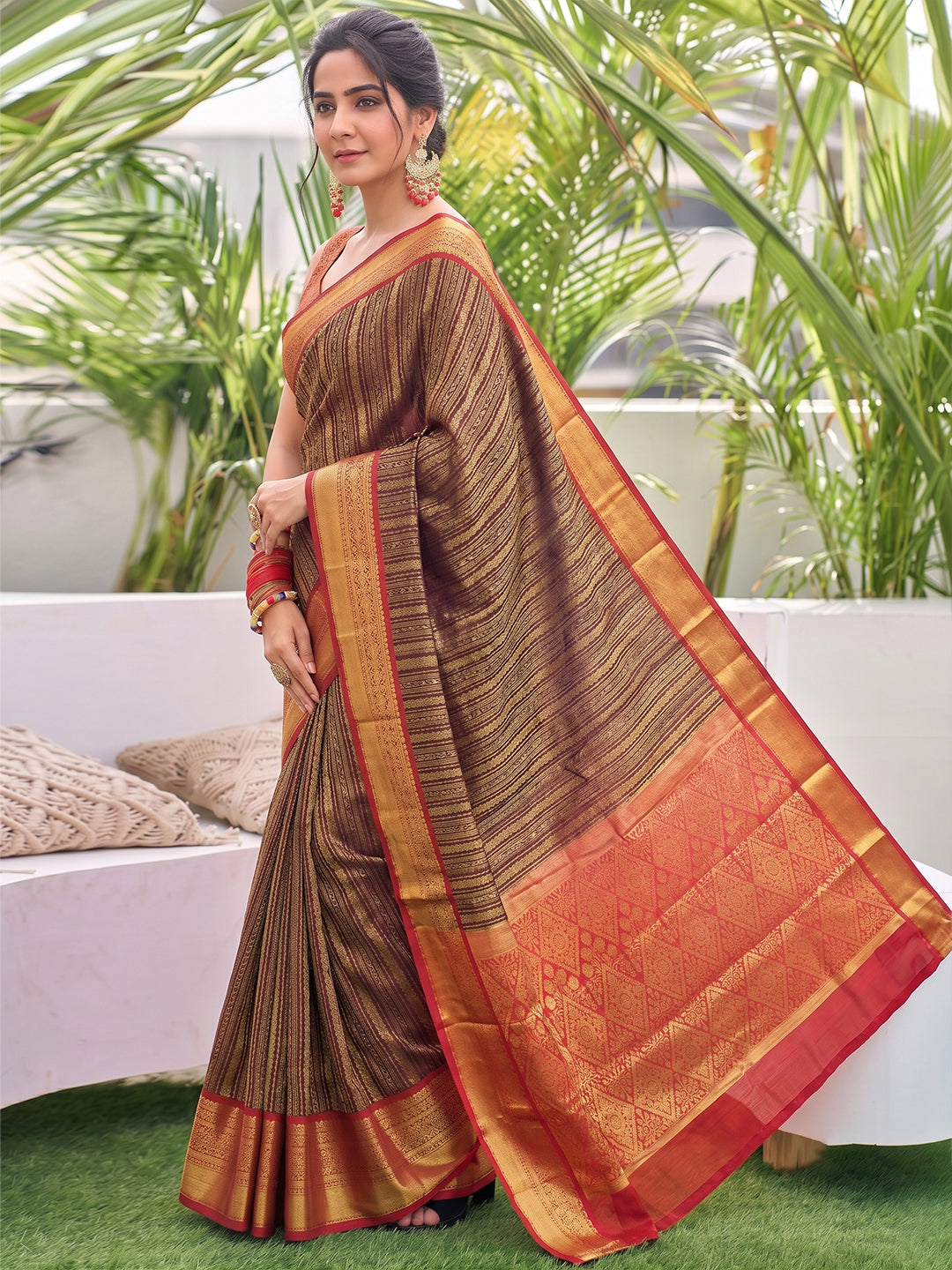 Sutriti Brown Kanjivaram Silk Saree for Women Traditional Festive Party Wedding Ethnic Saree