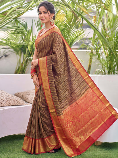 Sutriti Brown Kanjivaram Silk Saree for Women Traditional Festive Party Wedding Ethnic Saree