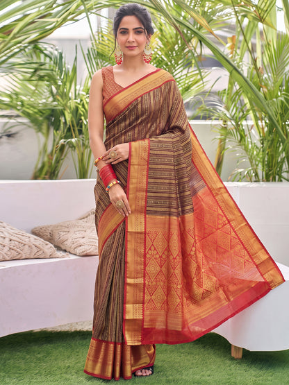 Sutriti Brown Kanjivaram Silk Saree for Women Traditional Festive Party Wedding Ethnic Saree