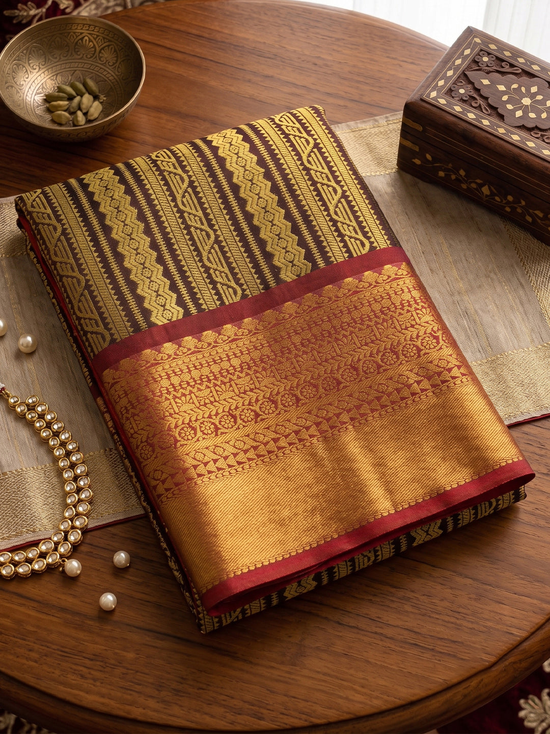 Sutriti Brown Kanjivaram Silk Saree for Women Traditional Festive Party Wedding Ethnic Saree