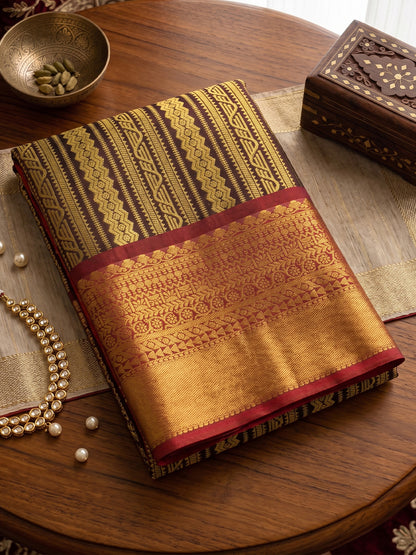 Sutriti Brown Kanjivaram Silk Saree for Women Traditional Festive Party Wedding Ethnic Saree