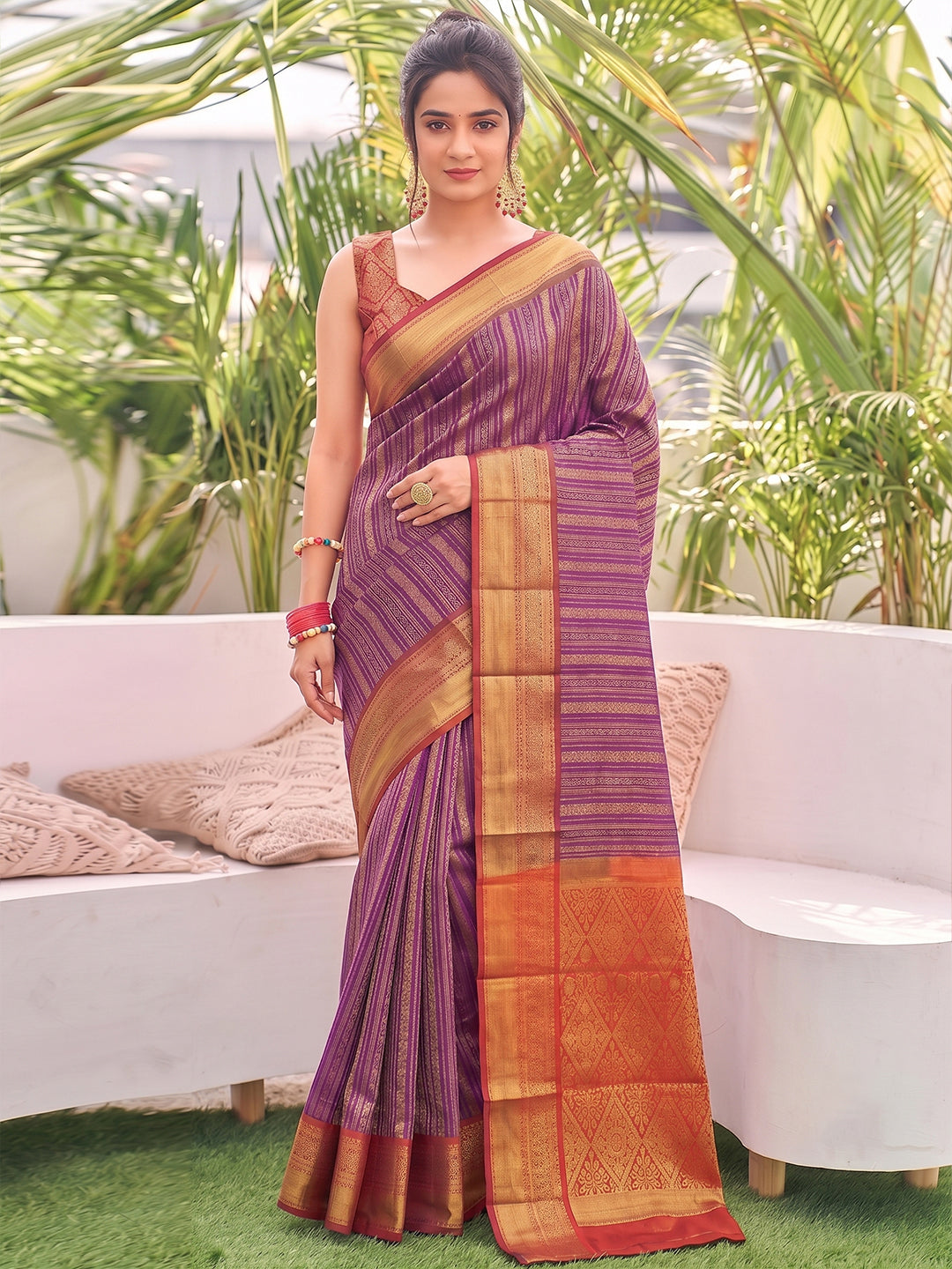 Sutriti Purple Kanjivaram Silk Saree for Women Traditional Festive Party Wedding Ethnic Saree