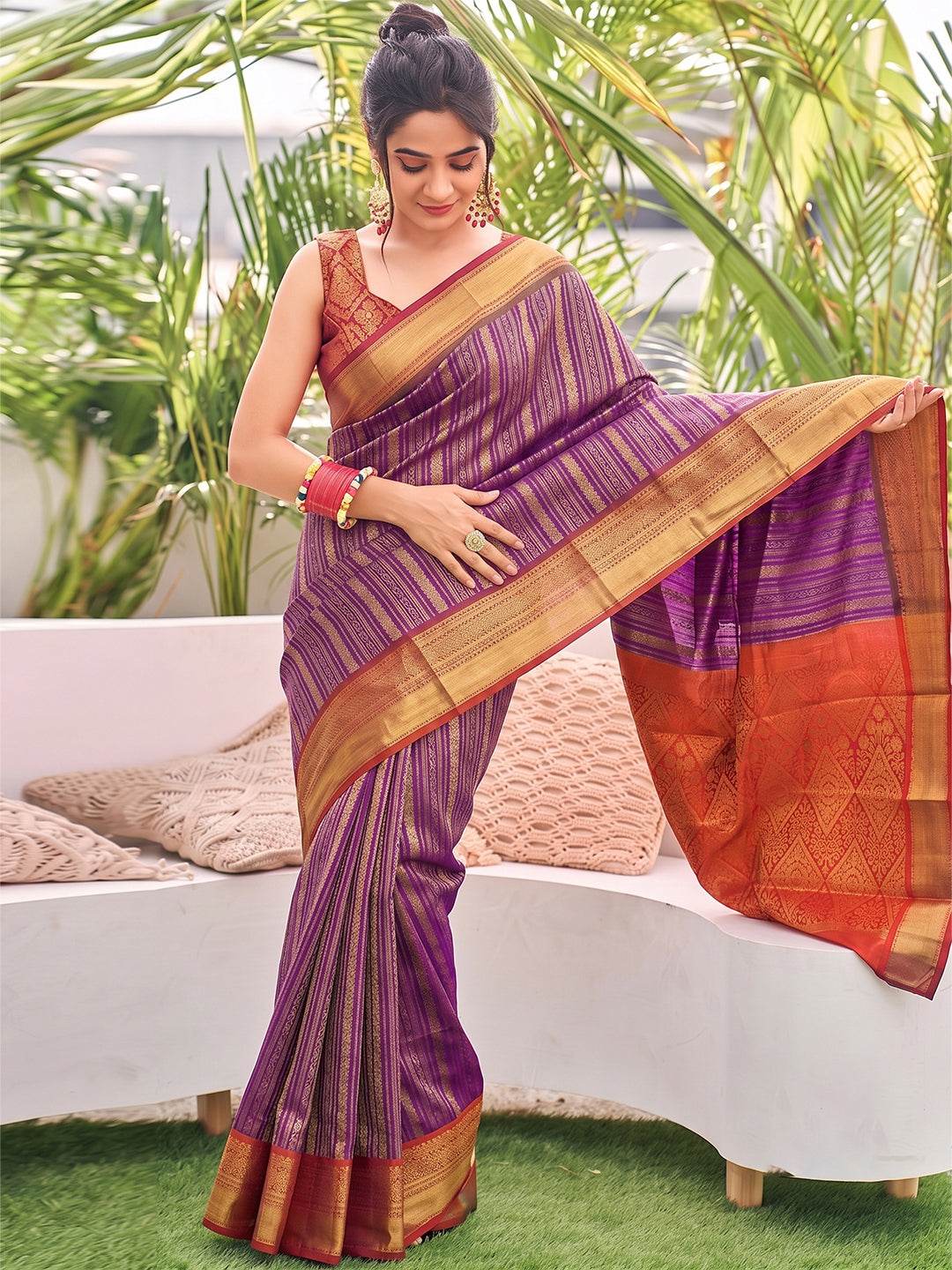 Sutriti Purple Kanjivaram Silk Saree for Women Traditional Festive Party Wedding Ethnic Saree
