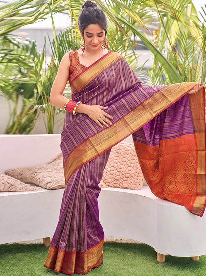 Sutriti Purple Kanjivaram Silk Saree for Women Traditional Festive Party Wedding Ethnic Saree