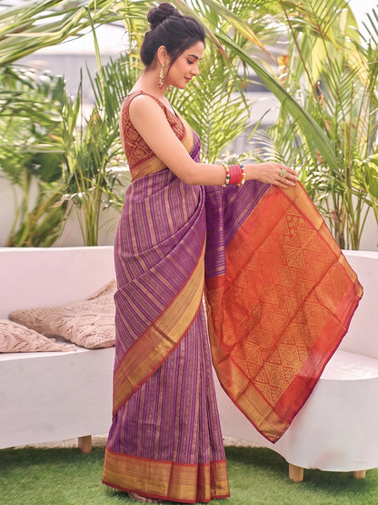 Sutriti Purple Kanjivaram Silk Saree for Women Traditional Festive Party Wedding Ethnic Saree