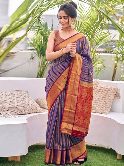 Sutriti Navy Blue Kanjivaram Silk Saree for Women Festive Traditional Wedding Party Saree