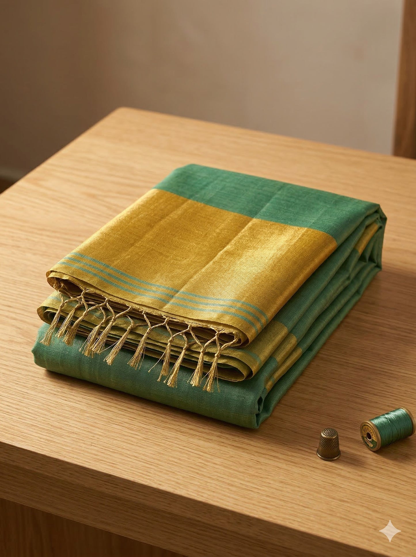Sutriti Women Teal Green & Gold-Toned Solid Tissue Silk Saree with Zari Border