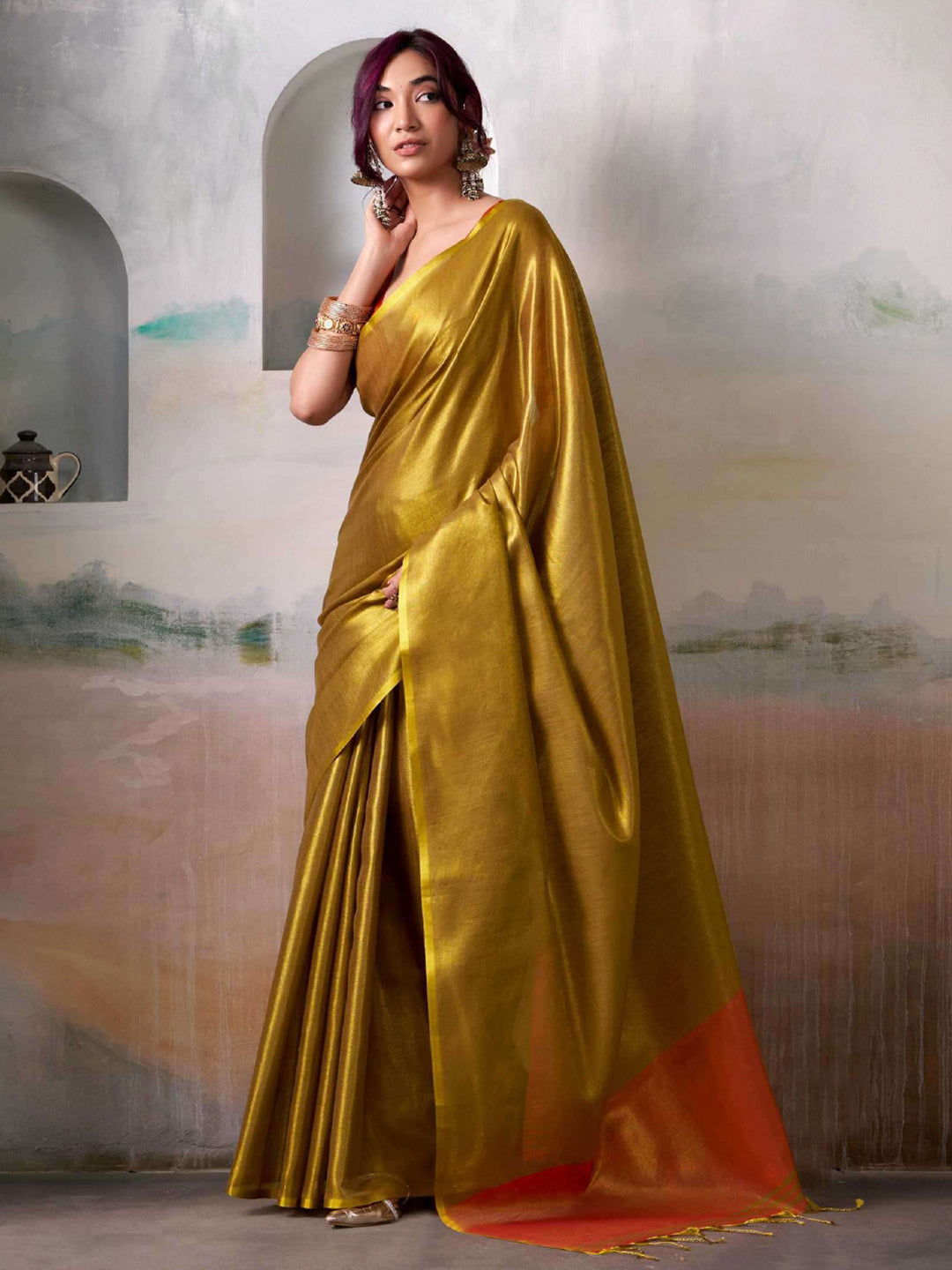 Sutriti Women Mustard Yellow & Orange Solid Tissue Silk Saree with Contrast Border