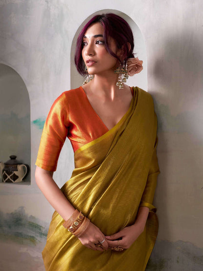 Sutriti Women Mustard Yellow & Orange Solid Tissue Silk Saree with Contrast Border