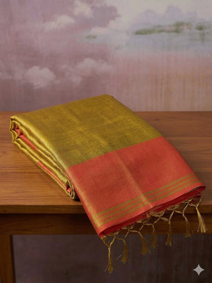 Sutriti Women Mustard Yellow & Orange Solid Tissue Silk Saree with Contrast Border