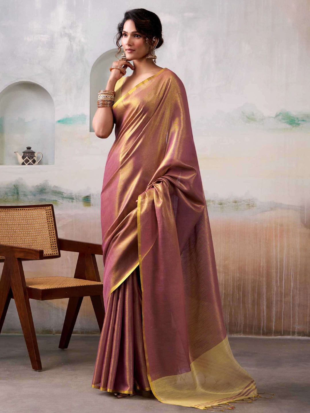 Sutriti Mauve & Gold Tissue Silk Contrast Hem Saree With Blouse Piece