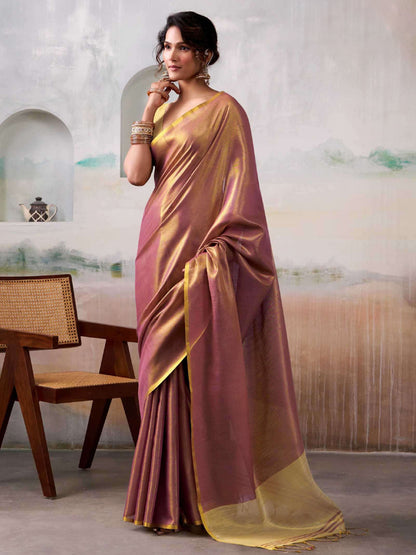 Sutriti Mauve & Gold Tissue Silk Contrast Hem Saree With Blouse Piece