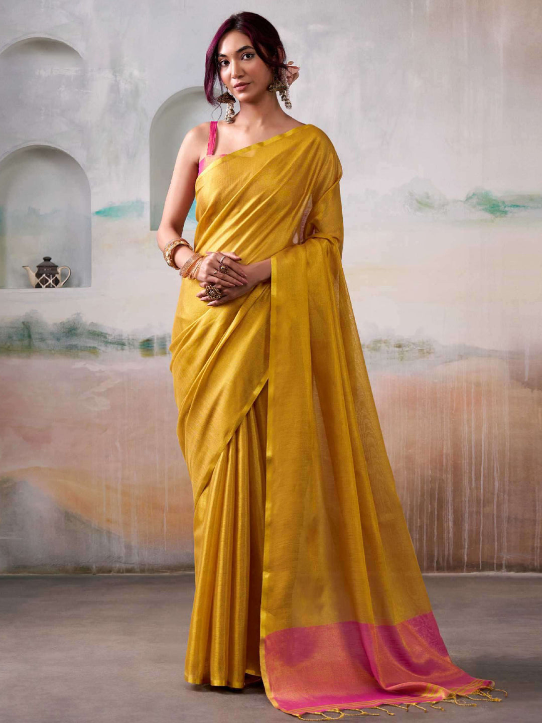 Sutriti Women Bright Yellow & Pink Solid Tissue Silk Saree with Zari Border