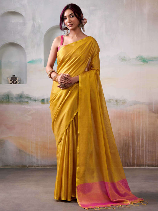 Sutriti Women Bright Yellow & Pink Solid Tissue Silk Saree with Zari Border