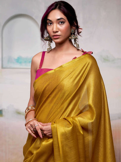 Sutriti Women Bright Yellow & Pink Solid Tissue Silk Saree with Zari Border