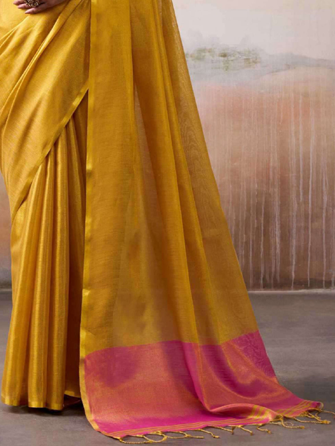 Sutriti Women Bright Yellow & Pink Solid Tissue Silk Saree with Zari Border