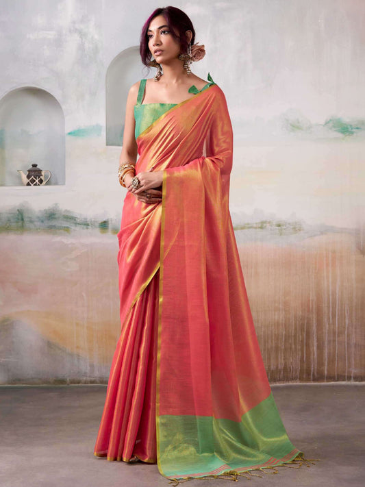 Sutriti Women Coral Peach & Green Solid Tissue Silk Saree with Contrast Border