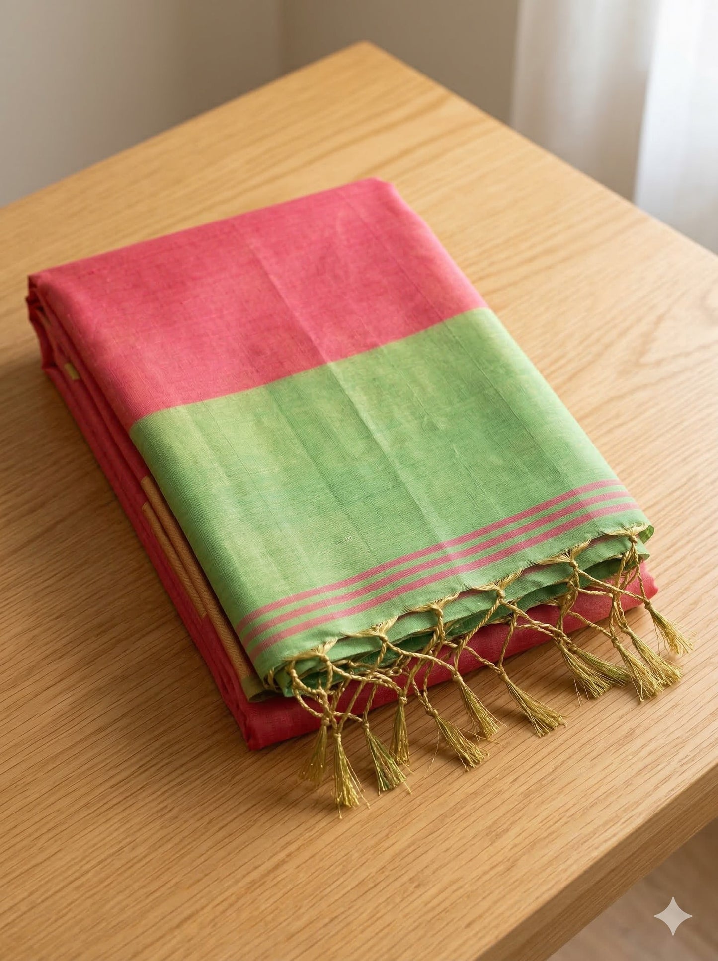 Sutriti Women Coral Peach & Green Solid Tissue Silk Saree with Contrast Border