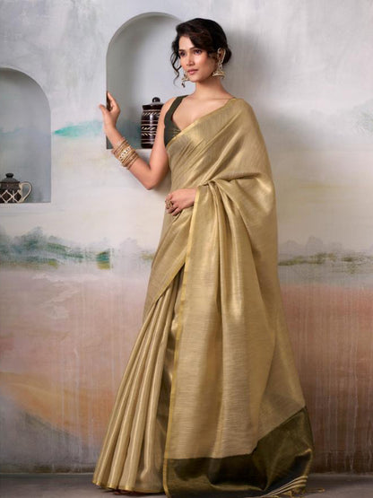 Sutriti Women Beige & Olive Green Solid Tissue Silk Saree with Zari Border