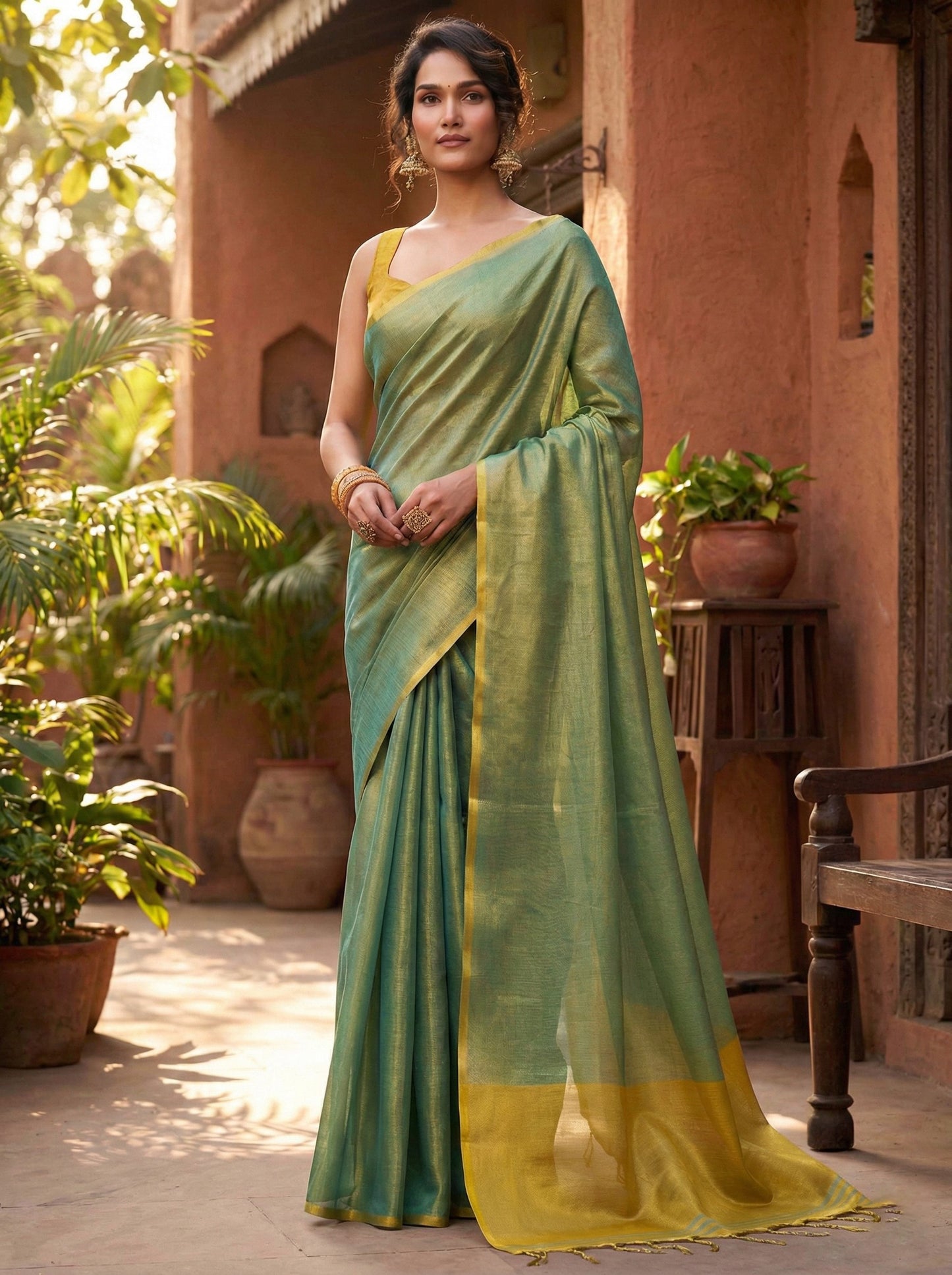 Sutriti Women Teal Green & Gold-Toned Solid Tissue Silk Saree with Zari Border