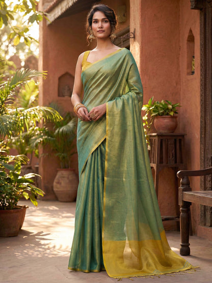 Sutriti Women Teal Green & Gold-Toned Solid Tissue Silk Saree with Zari Border