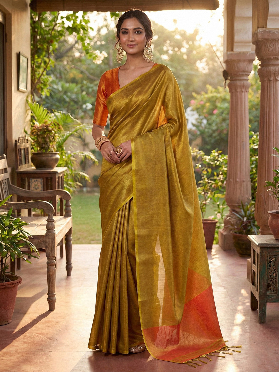 Sutriti Women Mustard Yellow & Orange Solid Tissue Silk Saree with Contrast Border