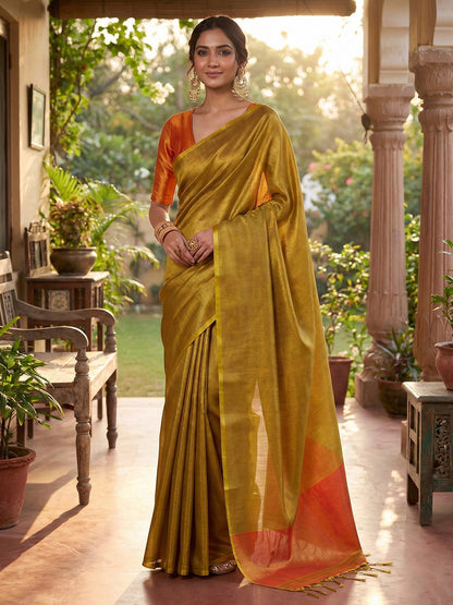 Sutriti Women Mustard Yellow & Orange Solid Tissue Silk Saree with Contrast Border