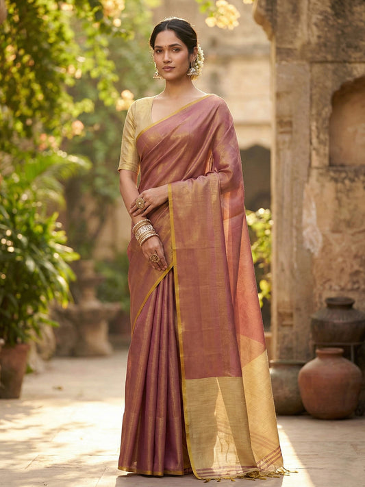 Sutriti Women Mauve Purple & Gold-Toned Solid Tissue Silk Shimmer Saree