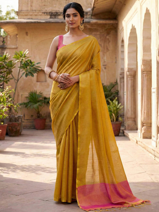 Sutriti Women Bright Yellow & Pink Solid Tissue Silk Saree with Zari Border