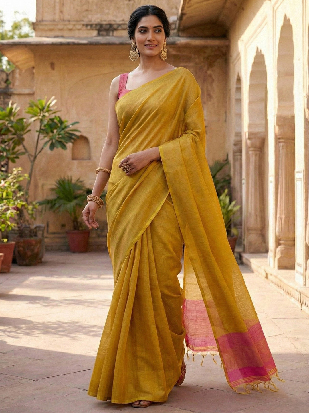 Sutriti Women Bright Yellow & Pink Solid Tissue Silk Saree with Zari Border