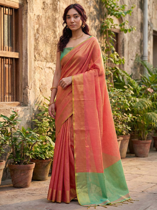 Sutriti Women Coral Peach & Green Solid Tissue Silk Saree with Contrast Border