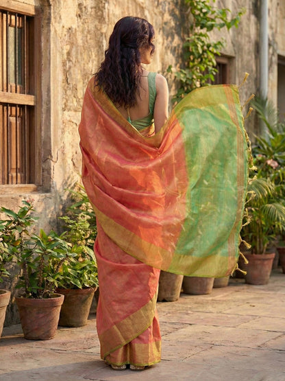 Sutriti Women Coral Peach & Green Solid Tissue Silk Saree with Contrast Border