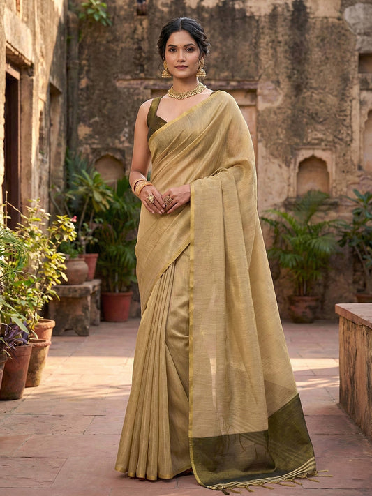Sutriti Women Beige & Olive Green Solid Tissue Silk Saree with Zari Border
