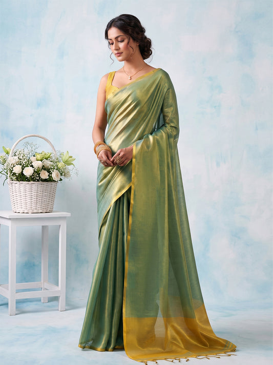 Sutriti Women Teal Green & Gold-Toned Solid Tissue Silk Saree with Zari Border