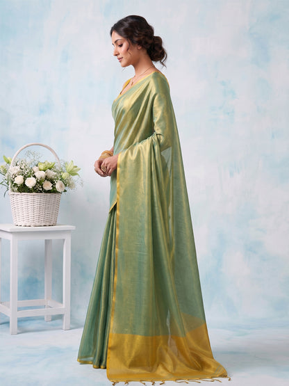 Sutriti Women Teal Green & Gold-Toned Solid Tissue Silk Saree with Zari Border