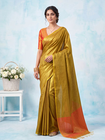 Sutriti Women Mustard Yellow & Orange Solid Tissue Silk Saree with Contrast Border