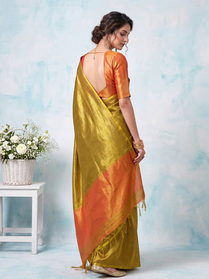 Sutriti Women Mustard Yellow & Orange Solid Tissue Silk Saree with Contrast Border
