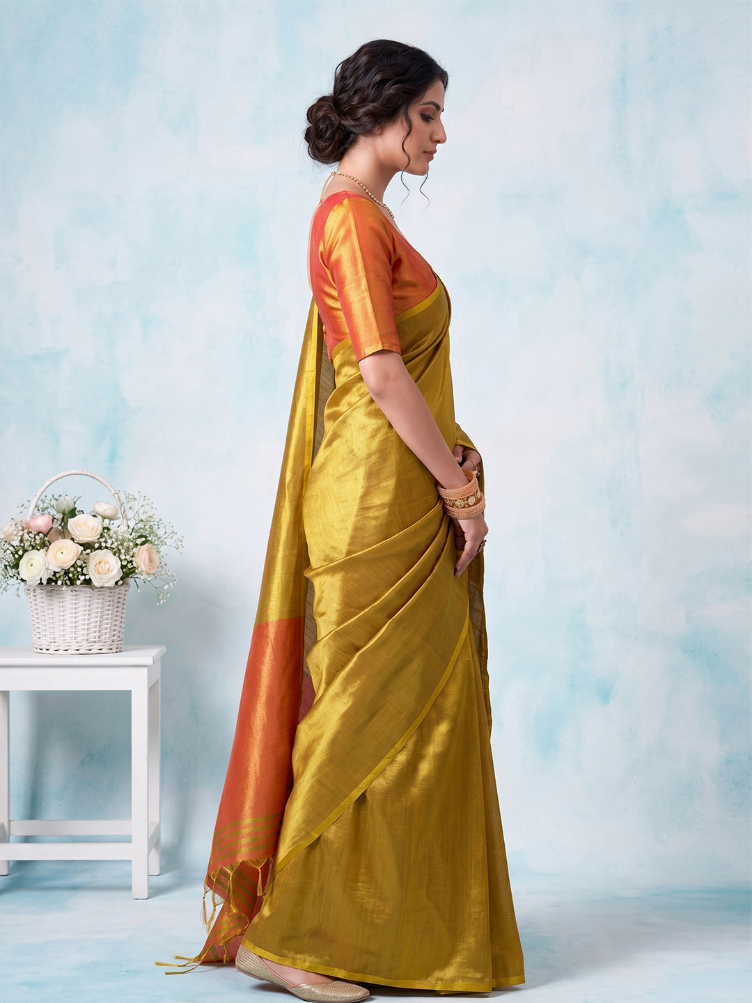 Sutriti Women Mustard Yellow & Orange Solid Tissue Silk Saree with Contrast Border