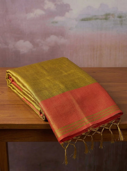 Sutriti Women Mustard Yellow & Orange Solid Tissue Silk Saree with Contrast Border