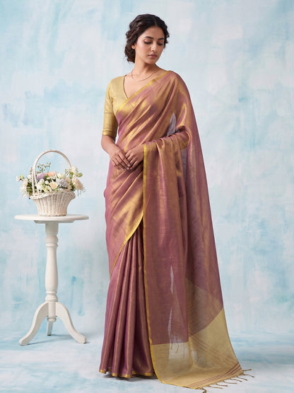 Sutriti Women Mauve Blue & Gold-Toned Solid Tissue Silk Shimmer Saree