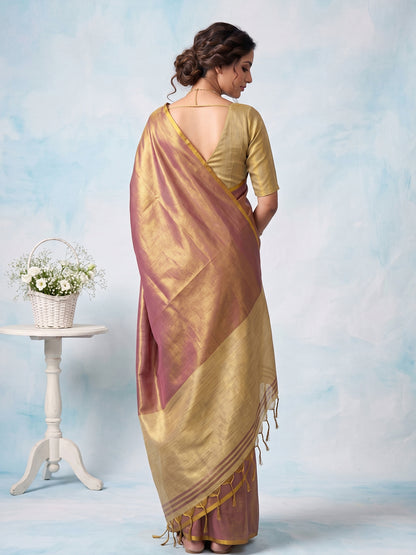 Sutriti Women Mauve Blue & Gold-Toned Solid Tissue Silk Shimmer Saree
