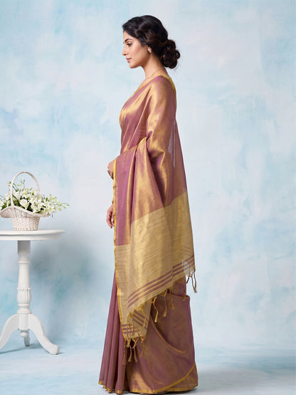 Sutriti Women Mauve Blue & Gold-Toned Solid Tissue Silk Shimmer Saree