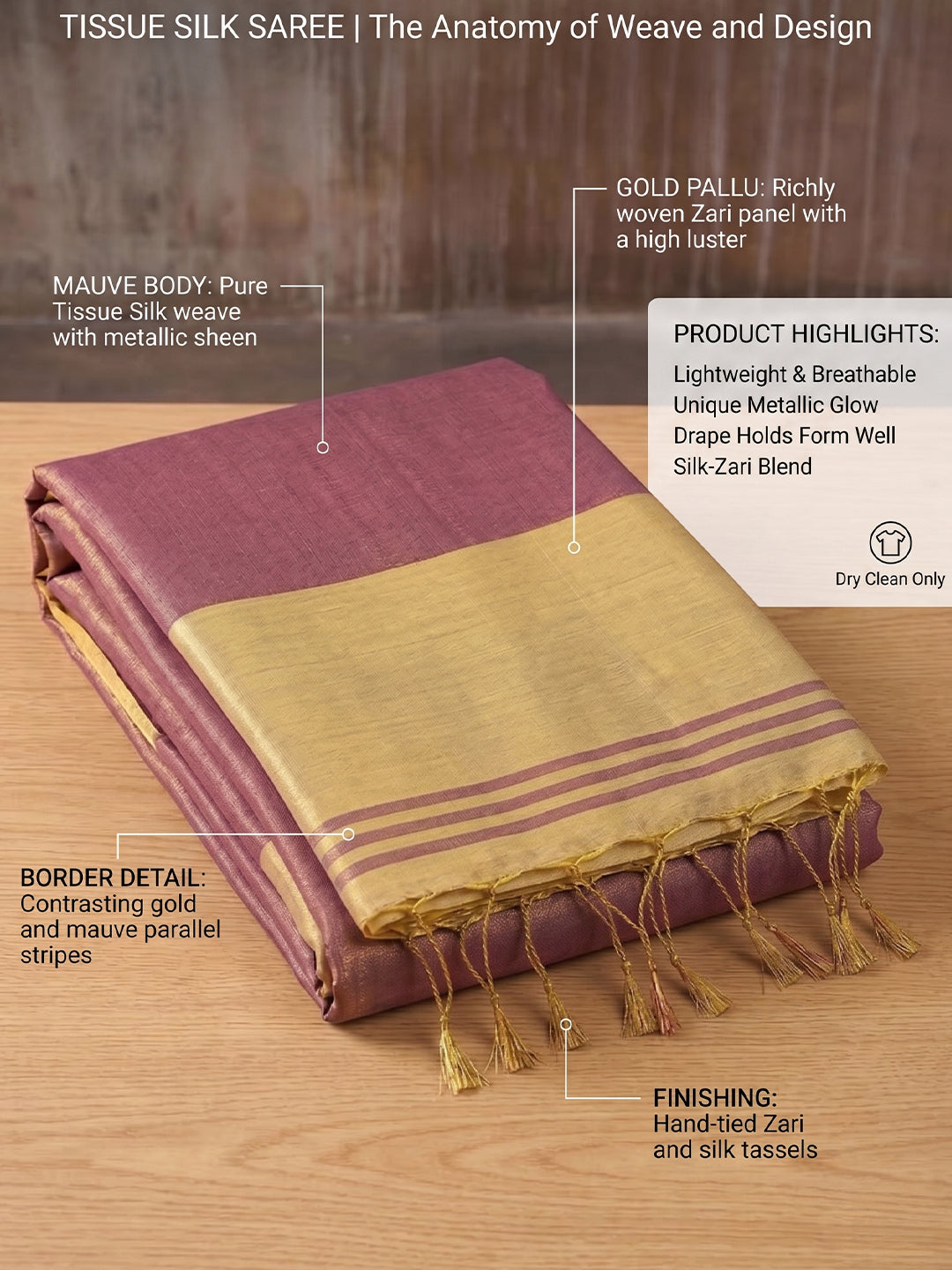 Sutriti Women Mauve Blue & Gold-Toned Solid Tissue Silk Shimmer Saree