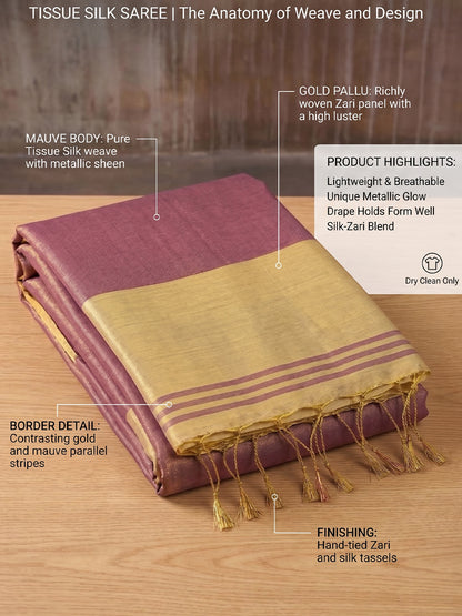 Sutriti Women Mauve Blue & Gold-Toned Solid Tissue Silk Shimmer Saree