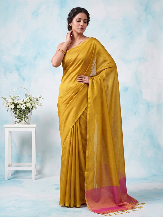 Sutriti Women Bright Yellow & Pink Solid Tissue Silk Saree with Zari Border