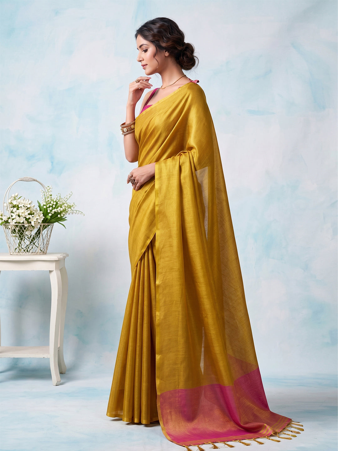 Sutriti Women Bright Yellow & Pink Solid Tissue Silk Saree with Zari Border
