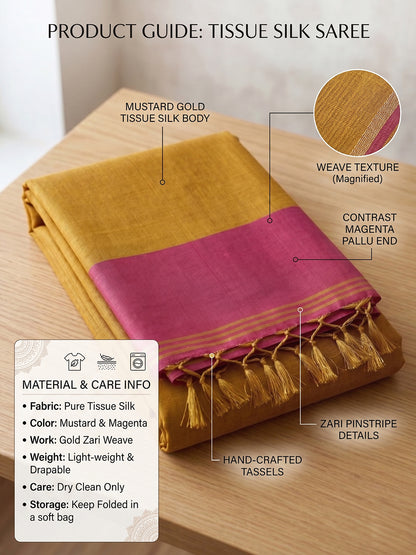 Sutriti Women Bright Yellow & Pink Solid Tissue Silk Saree with Zari Border